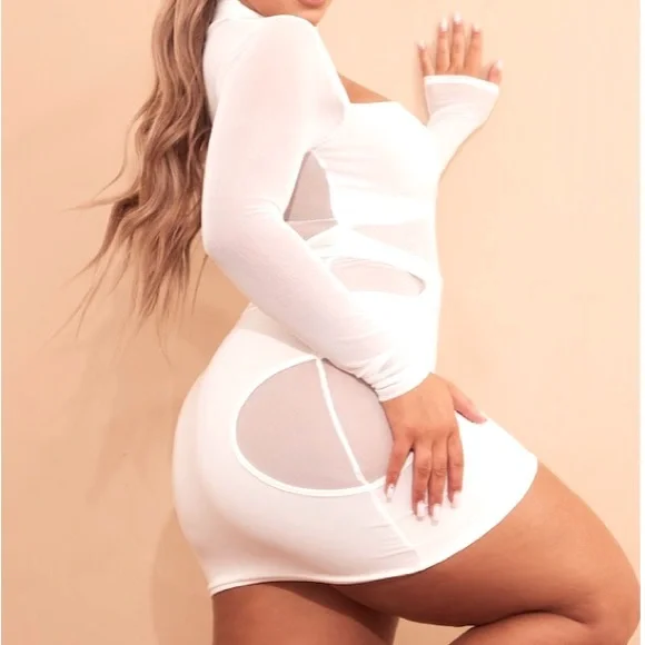 PrettyLittleThing | Dresses | Shape White Mesh Slinky Overlay Long Sleeve  Body Con Dress | Poshmark